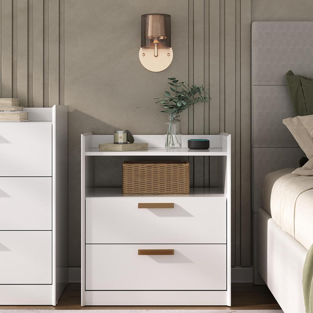 Modern Chic White 2-Drawer Nightstand with a Built-in Niche and Bronze Handles. Picture 4
