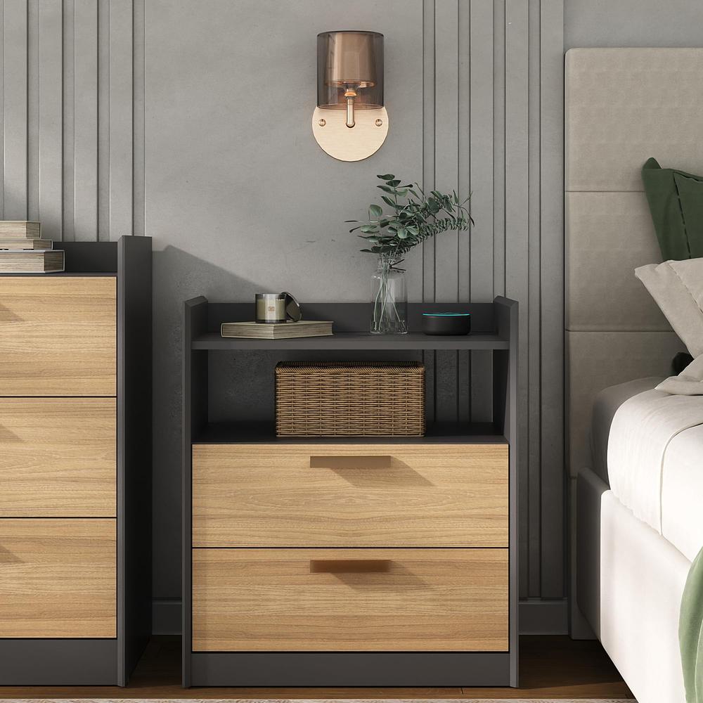 Gray 2-Drawer Nightstand with a Built-in Niche and Bronze Handles. Picture 2
