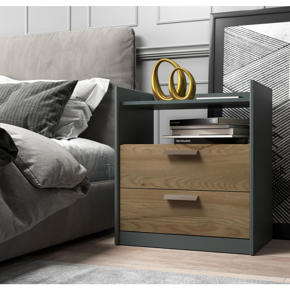 Gray 2-Drawer Nightstand with a Built-in Niche and Bronze Handles. Picture 4