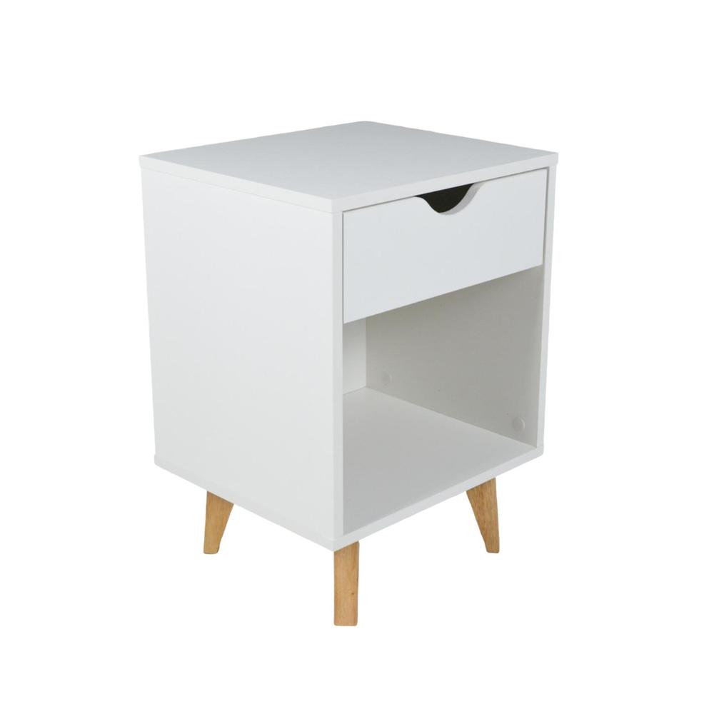 Modern End Table for Bedroom – Bedside Table with 1 Drawer and Niche – White. Picture 1