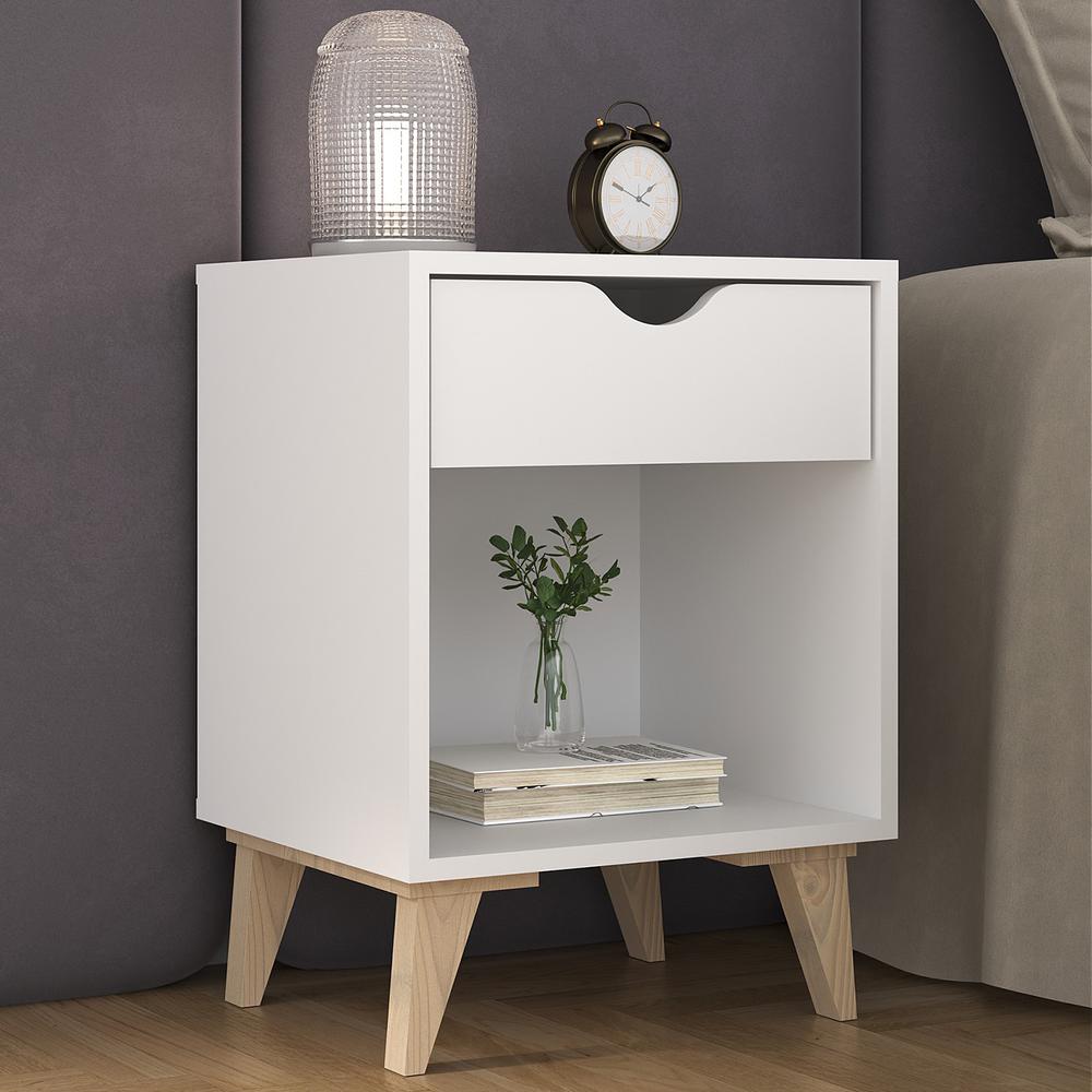 Modern End Table for Bedroom – Bedside Table with 1 Drawer and Niche – White. Picture 2