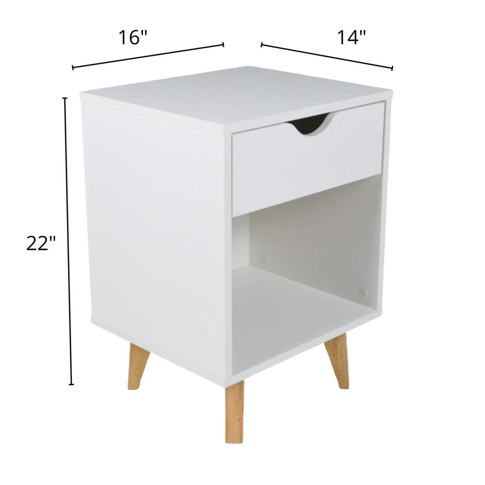 Modern End Table for Bedroom – Bedside Table with 1 Drawer and Niche – White. Picture 3