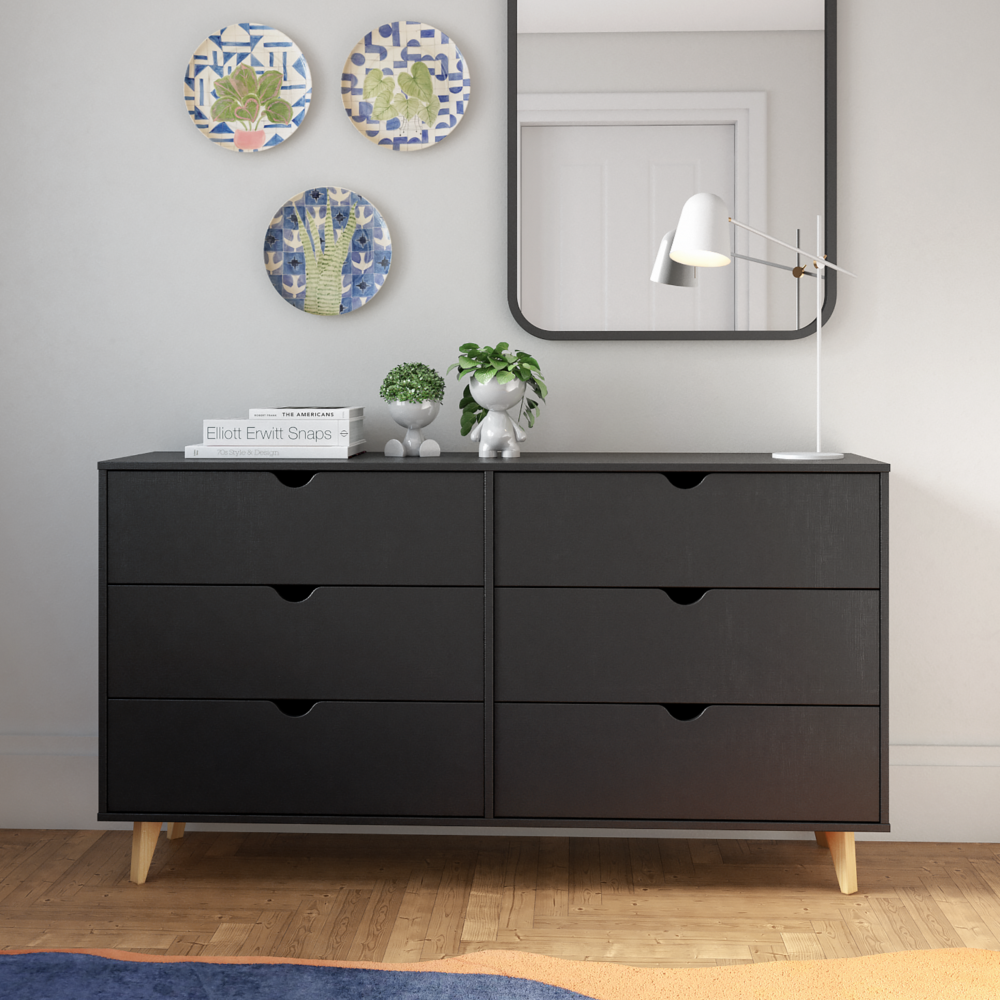 Modern Double Dresser for Bedroom – Wide Chest of Drawers – Black. Picture 3