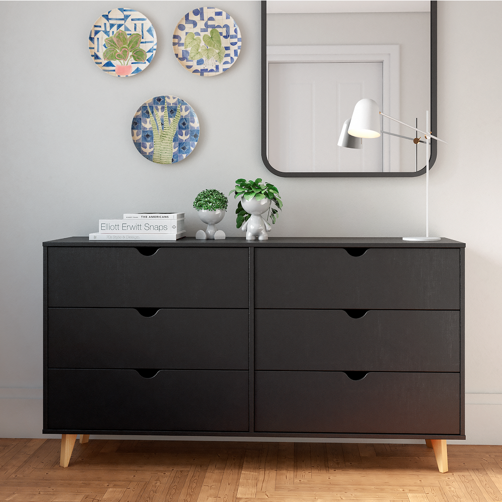 Modern Double Dresser for Bedroom – Wide Chest of Drawers – Black. Picture 5