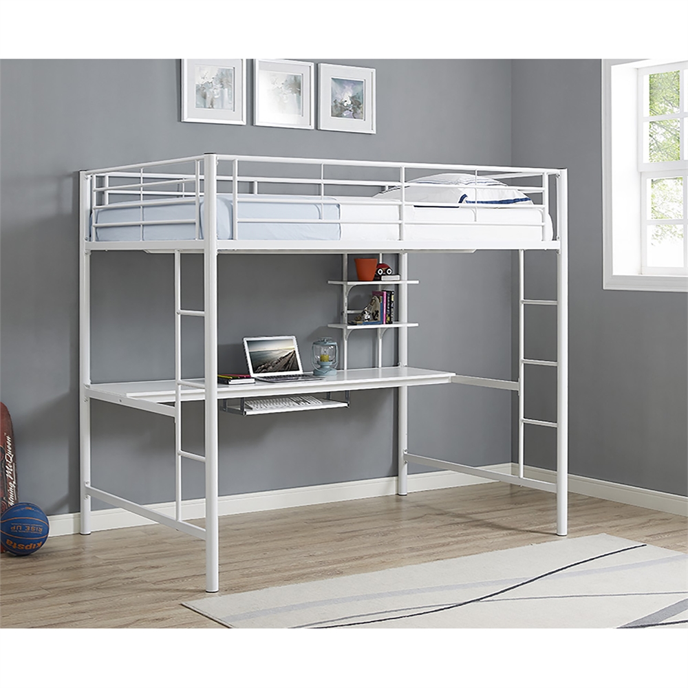 Premium Metal Full Size Loft Bed with Wood Workstation - White. Picture 2