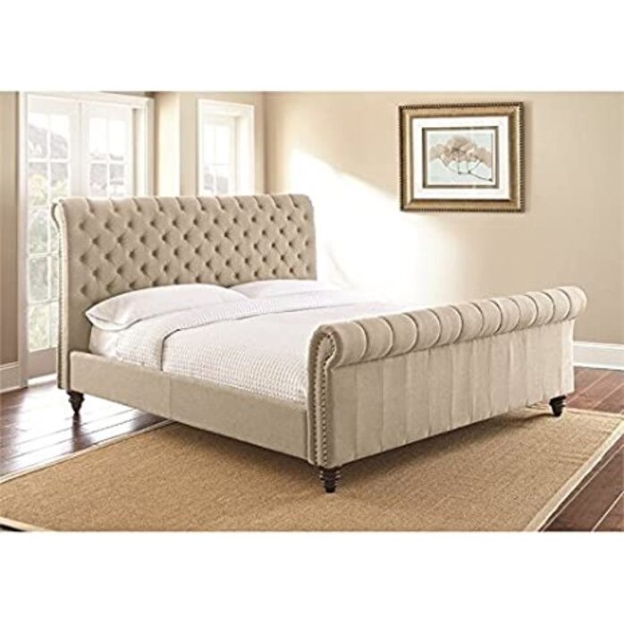 Swanson Tufted King Sleigh Bed in Sand Beige Upholstery. Picture 3