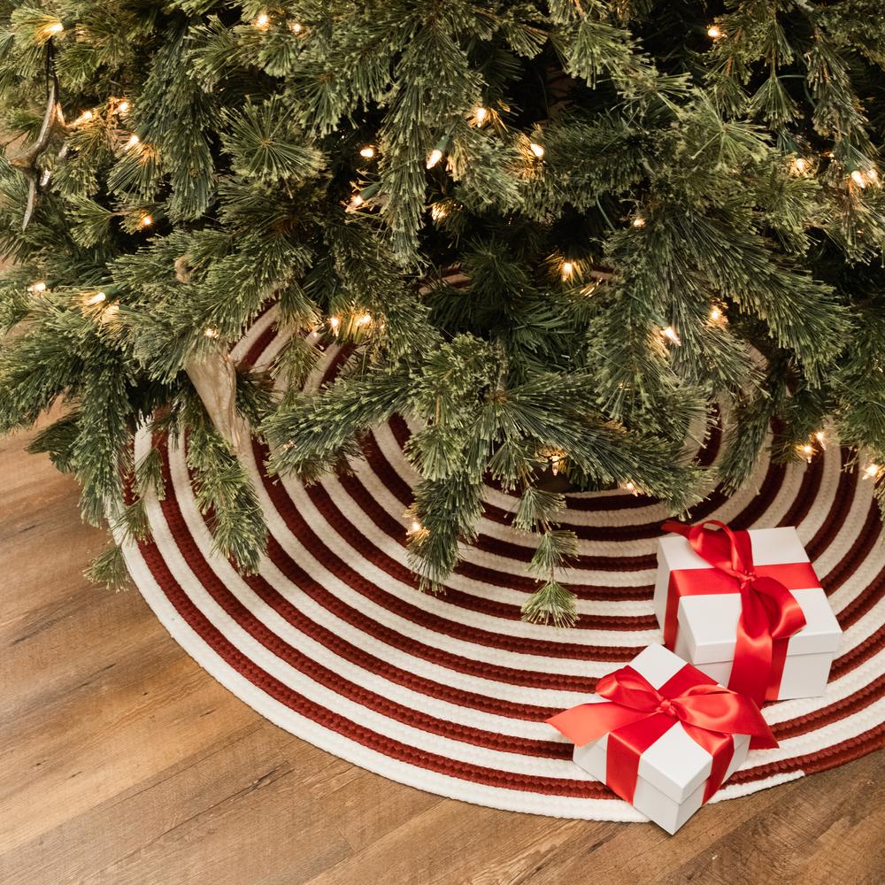 Candy Cane Round Holiday Tree Skirt - Red 50” x 50”. Picture 4