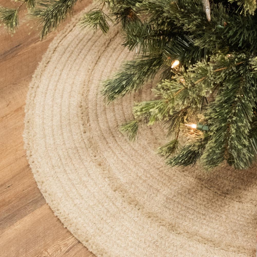 Cozy Natural Wool Stripe Holiday Tree Skirt - Beige 50” x 50”. Picture 2