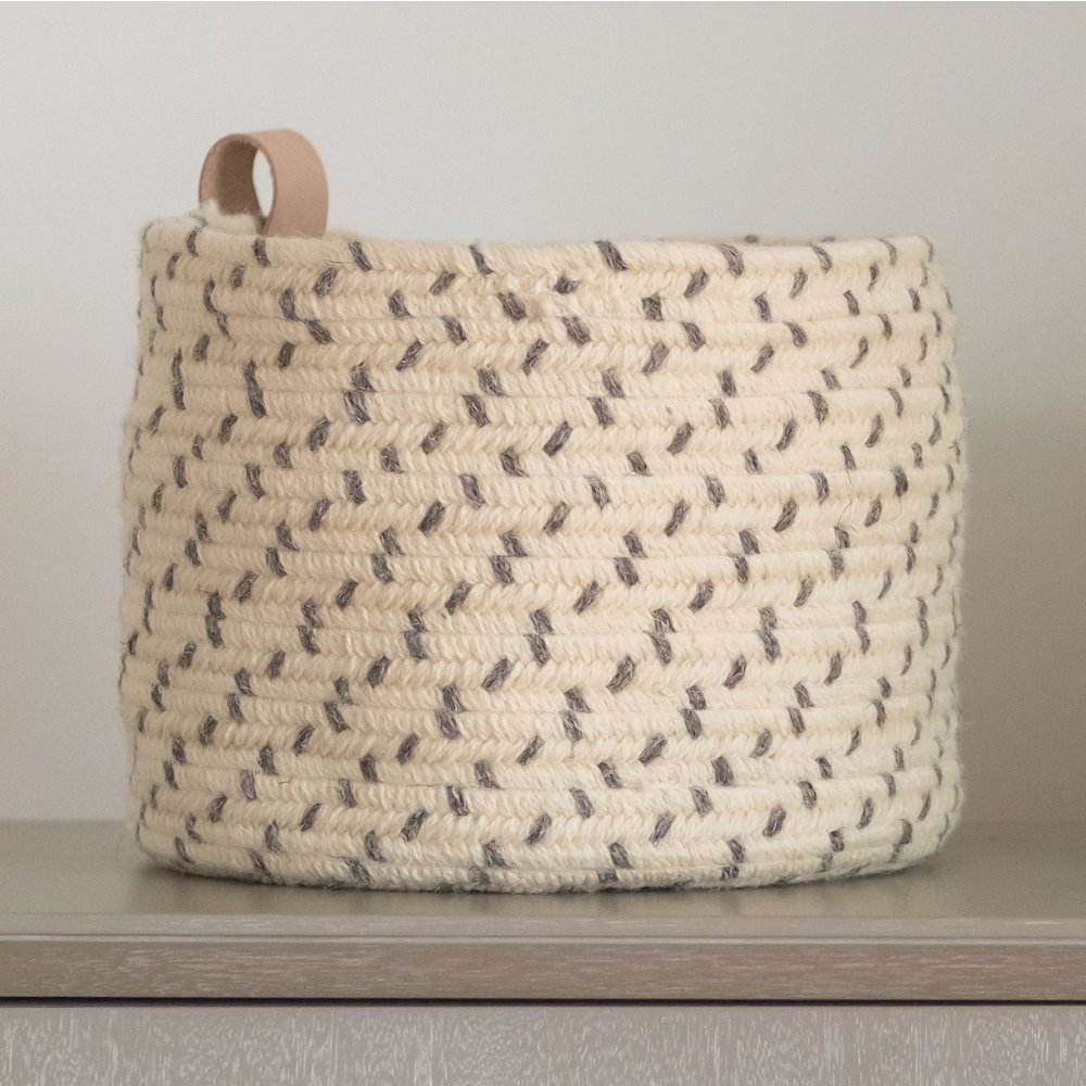 Wool Dice-X Leather Loop Basket  - Gray 10"x10"x9". Picture 1