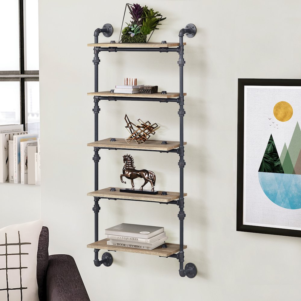 Oak and Sandy Black Rectangle 5-Tier Wall Shelf. Picture 5