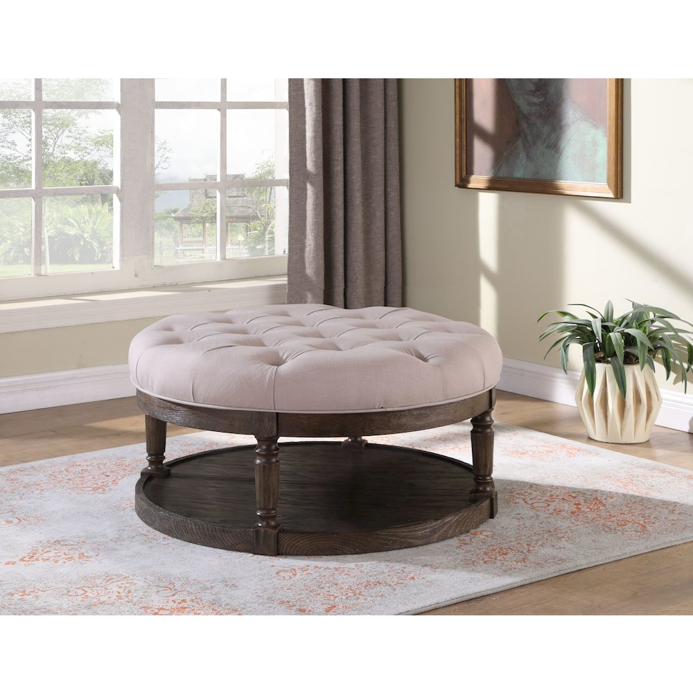 Best Master Tufted Fabric Upholstered Round Ottoman in Rustic Gray/Beige. Picture 1
