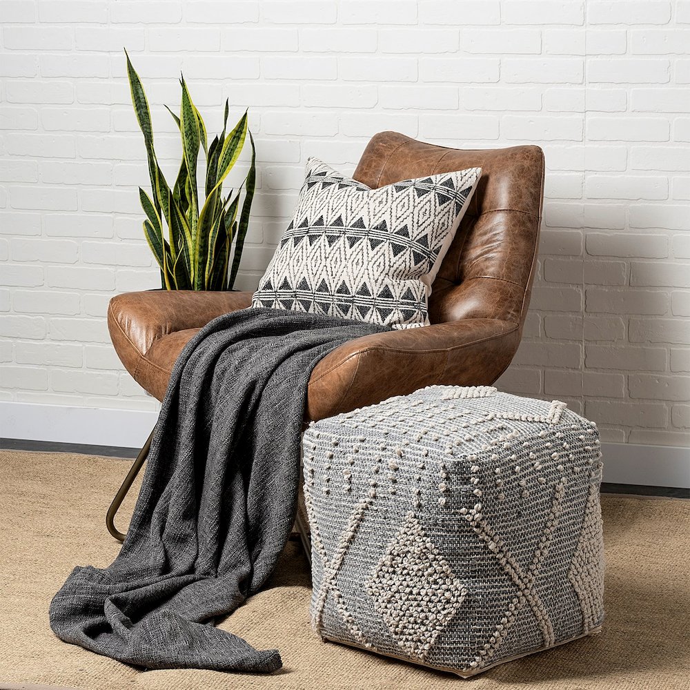 Brinket Gray/Cream Polyester Handwoven Square Pouf. Picture 4