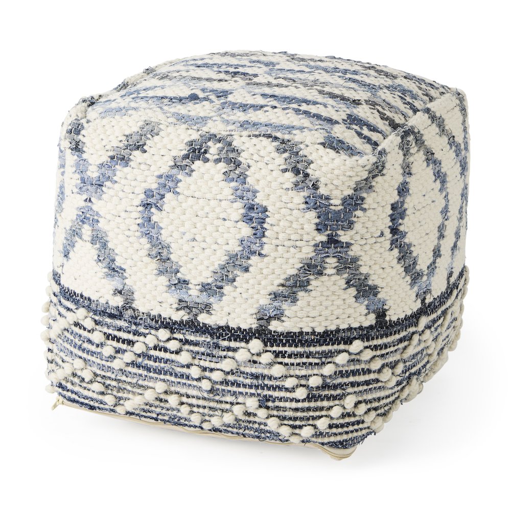 Eshana 16.0L x 16.0W x 16.0H Cream Wool and Denim Patterned Pouf. Picture 1