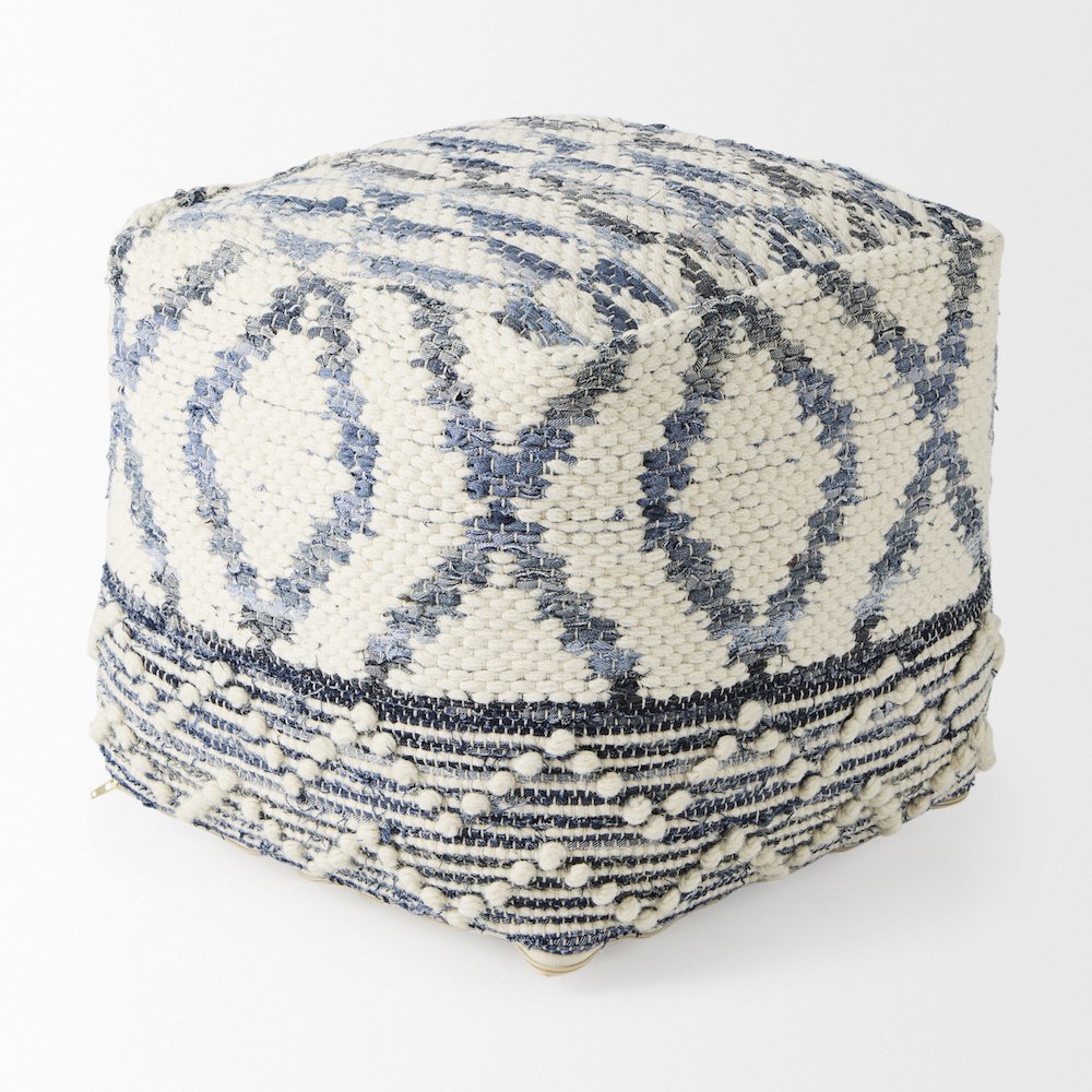 Eshana 16.0L x 16.0W x 16.0H Cream Wool and Denim Patterned Pouf. Picture 2