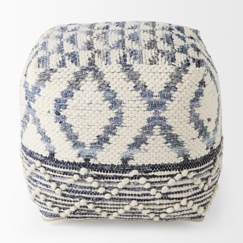 Eshana 16.0L x 16.0W x 16.0H Cream Wool and Denim Patterned Pouf. Picture 3