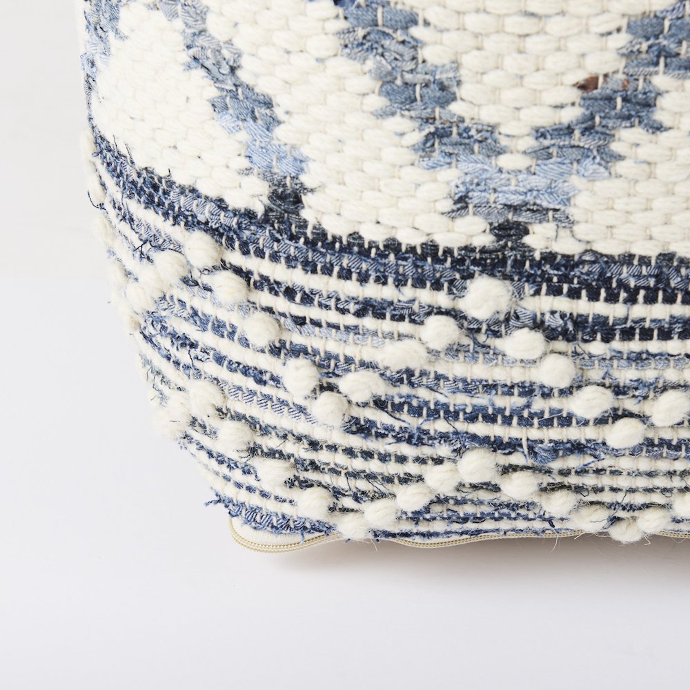 Eshana 16.0L x 16.0W x 16.0H Cream Wool and Denim Patterned Pouf. Picture 7