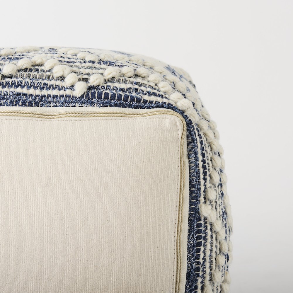 Eshana 16.0L x 16.0W x 16.0H Cream Wool and Denim Patterned Pouf. Picture 8