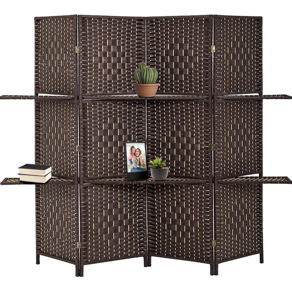 Espresso Brown Paper Straw Weave W/ One 63"L Shelving 4 Panel Screen , Handcrafted. Picture 4
