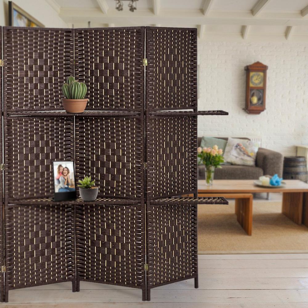 Espresso Brown Paper Straw Weave W/ One 63"L Shelving 4 Panel Screen , Handcrafted. Picture 2