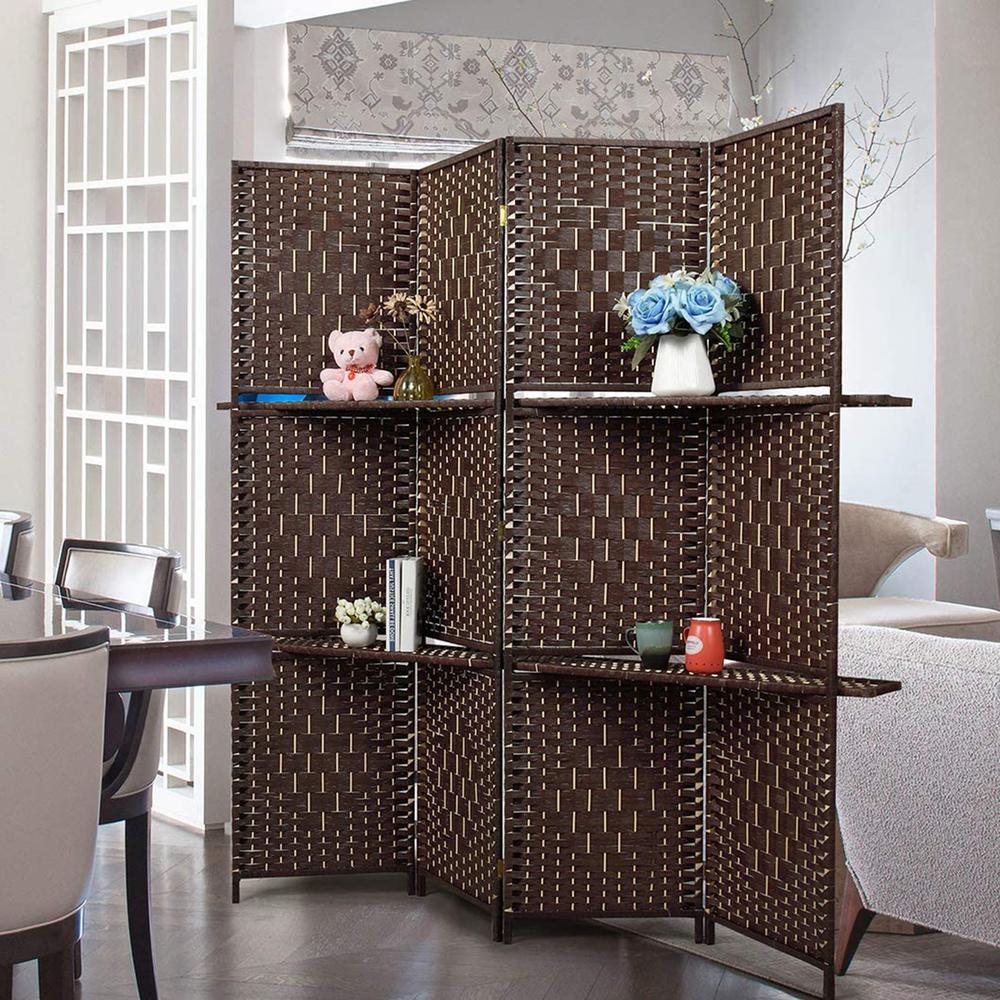 Espresso Brown Paper Straw Weave W/ One 63"L Shelving 4 Panel Screen , Handcrafted. Picture 3