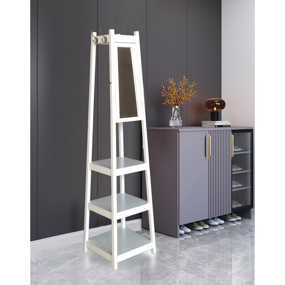 72" 3-Tier White Tower Shoe/Coat Rack+Mirror. Picture 1