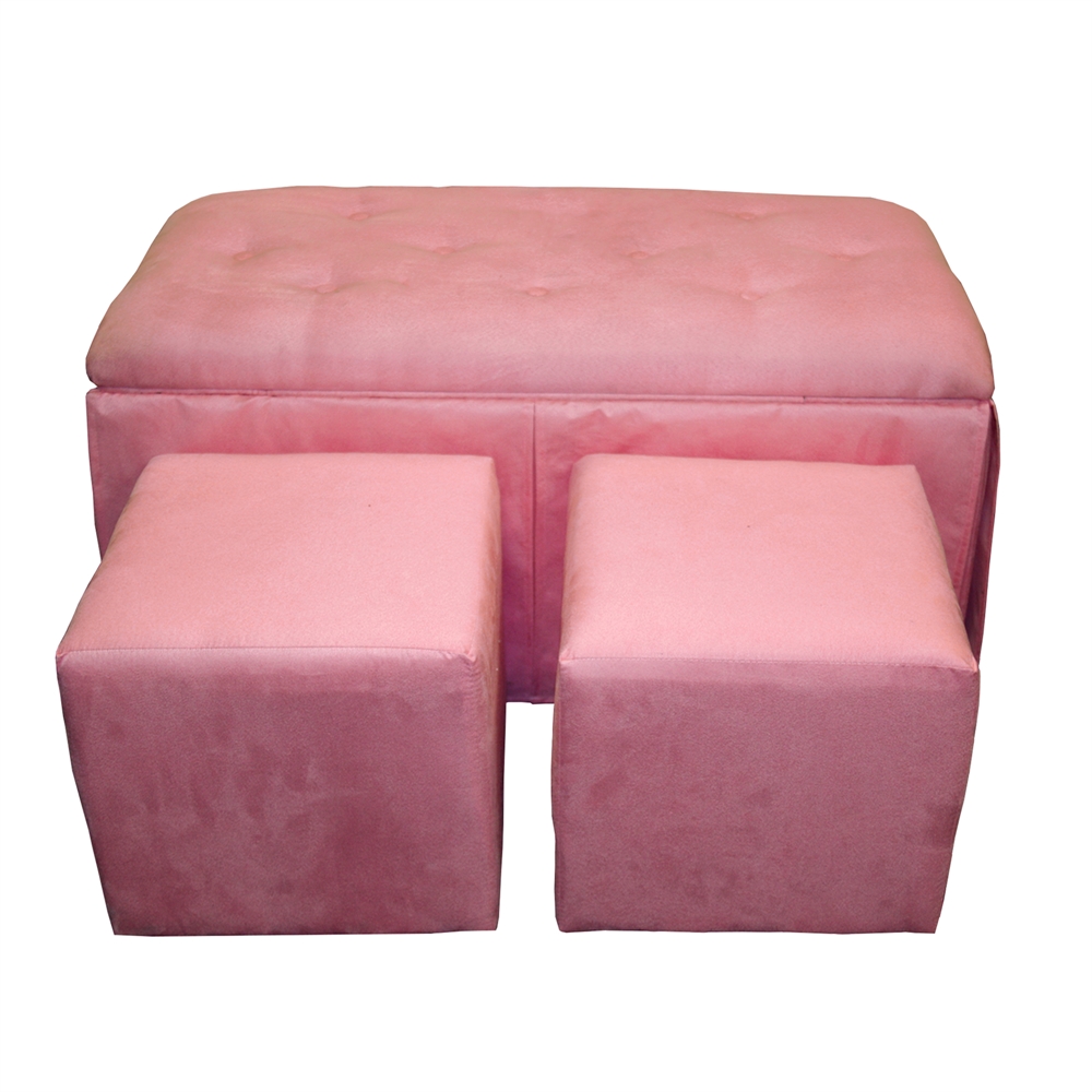 Pink Microfiber Storage Bench (With 2 Matching Ottomans). Picture 1