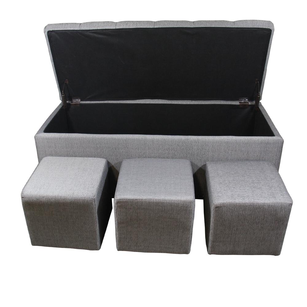 18" Tufted Grey Storage Bench+3Pcs Ottoman Seating. Picture 2