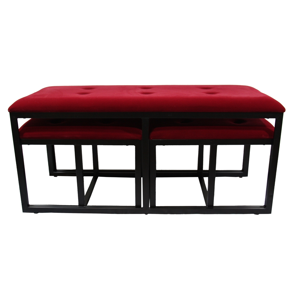 20.5"H Red Suede Tufted Metal Bench W/ 2 Seatings. Picture 1