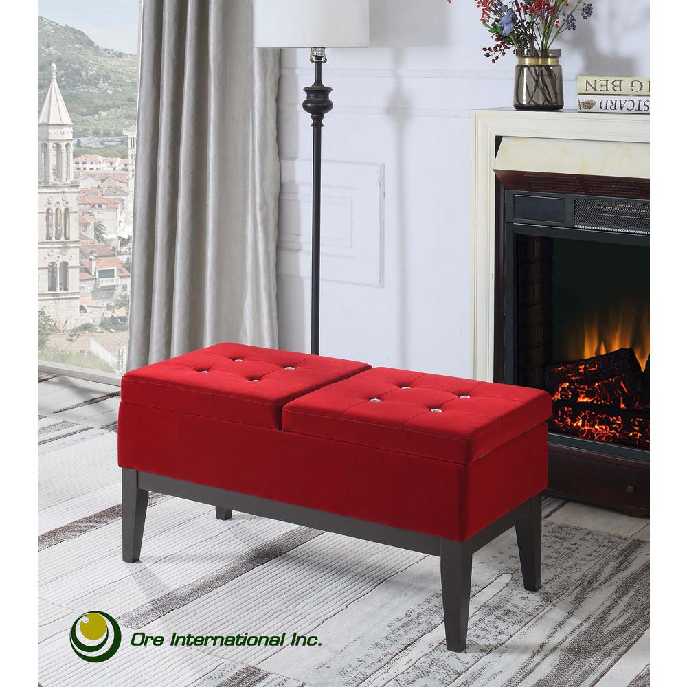 19"H Red Tufted Dual Lift Storage Bench. Picture 2