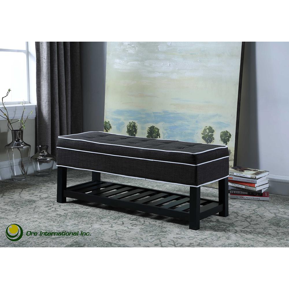 17.5" In Charcoal Gray W/ White Piping Tufted Storage Shoe Bench. Picture 3