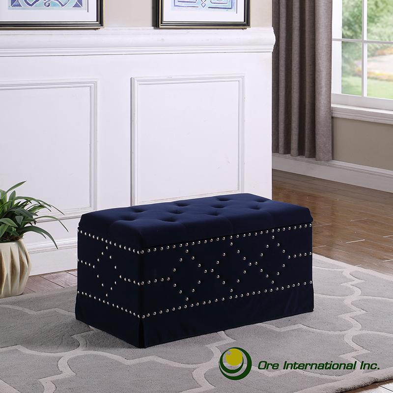 18.5" In Indigo Blue Velvet Chrome Nailhead Studs Tufted Storage Bench + 2 Seatings. Picture 3