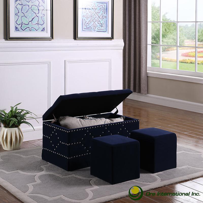 18.5" In Indigo Blue Velvet Chrome Nailhead Studs Tufted Storage Bench + 2 Seatings. Picture 4