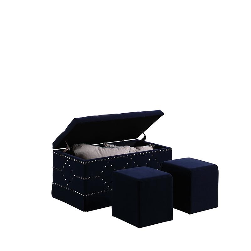 18.5" In Indigo Blue Velvet Chrome Nailhead Studs Tufted Storage Bench + 2 Seatings. Picture 2