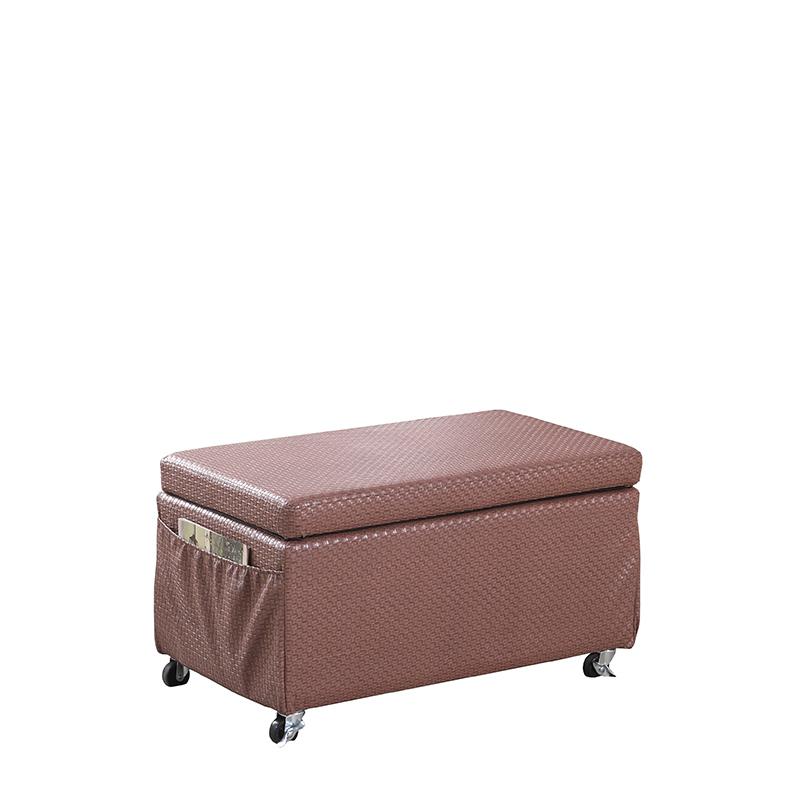 17" In Auburn Brown Basketweave Leatherette Storage Bench Seat W/ Side Pockets And Industrial Caster Wheels. Picture 1