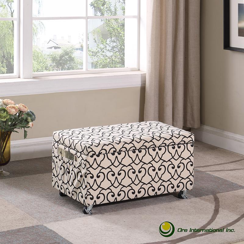 17" In Beige Moroccan Heart Black Stencil Storage Bench Seat W/ Side Pockets And Industrial Caster Wheels. Picture 2