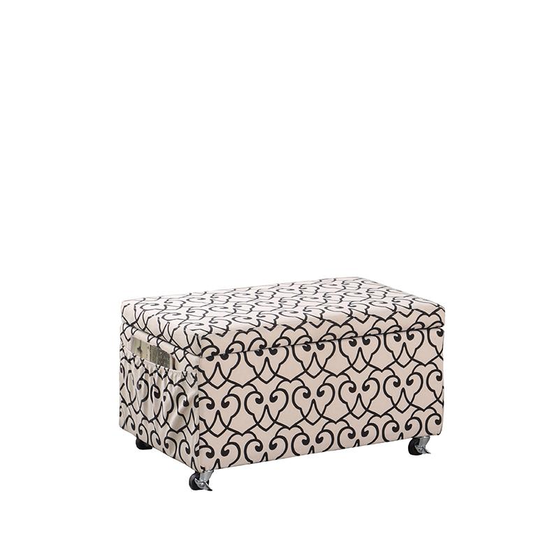 17" In Beige Moroccan Heart Black Stencil Storage Bench Seat W/ Side Pockets And Industrial Caster Wheels. Picture 1