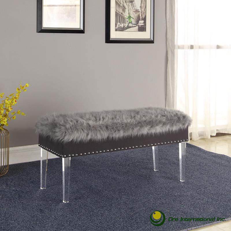 20" In Gray Horice Faux Fur Top Nailhead Storage Bench W/ Acrylic Ghost Legs. Picture 3