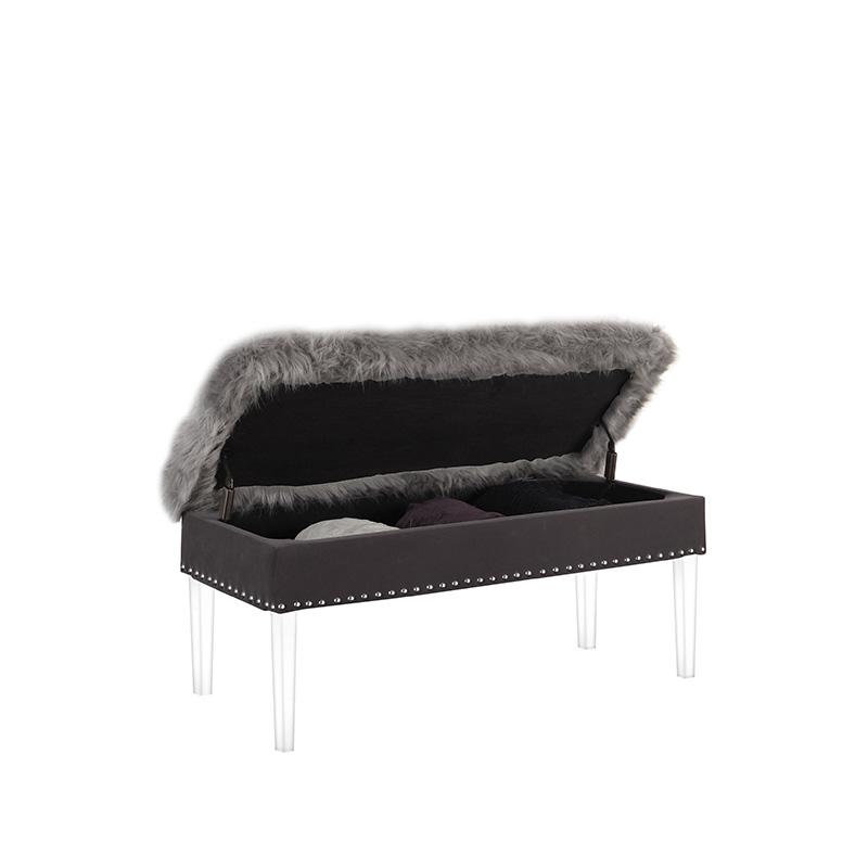 20" In Gray Horice Faux Fur Top Nailhead Storage Bench W/ Acrylic Ghost Legs. Picture 2