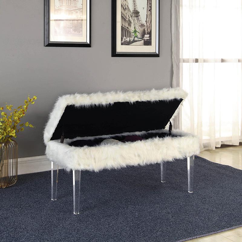 20" In White Beverly Faux Fur Storage Bench W/ Acrylic Ghost Legs. Picture 4