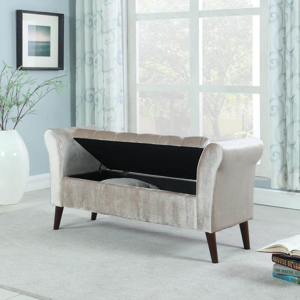 25"In Beige Brown Sheeny Collette Tufted Storage Bench With Armrest. Picture 4