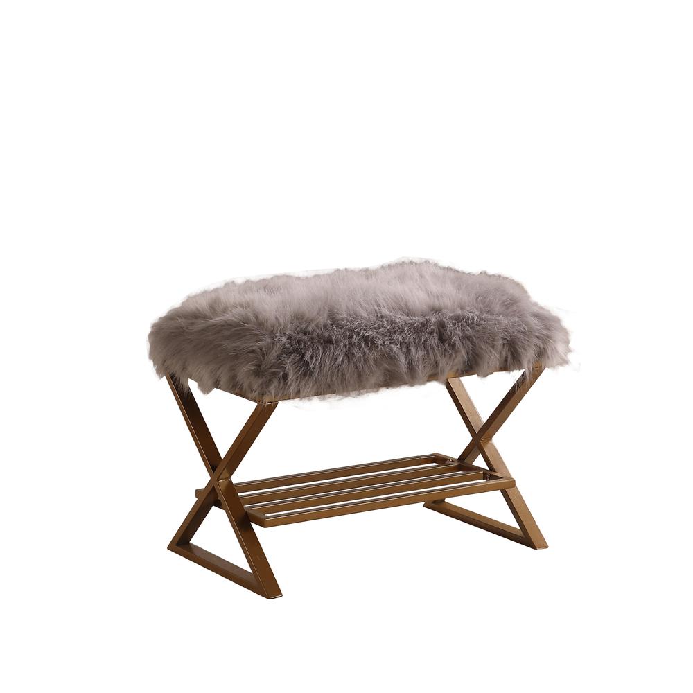 17" In Billie Gray Faux Fur Matte Gold Vanity Seating. Picture 1