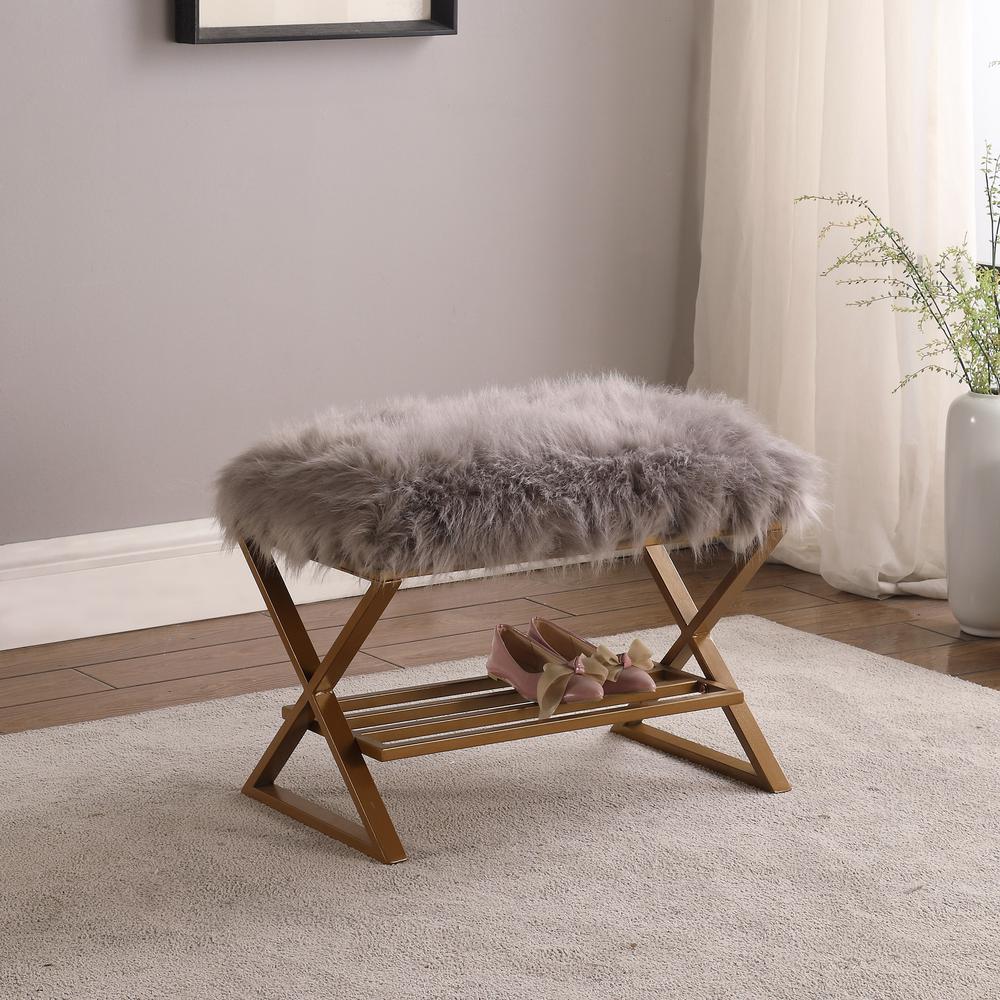 17" In Billie Gray Faux Fur Matte Gold Vanity Seating. Picture 2