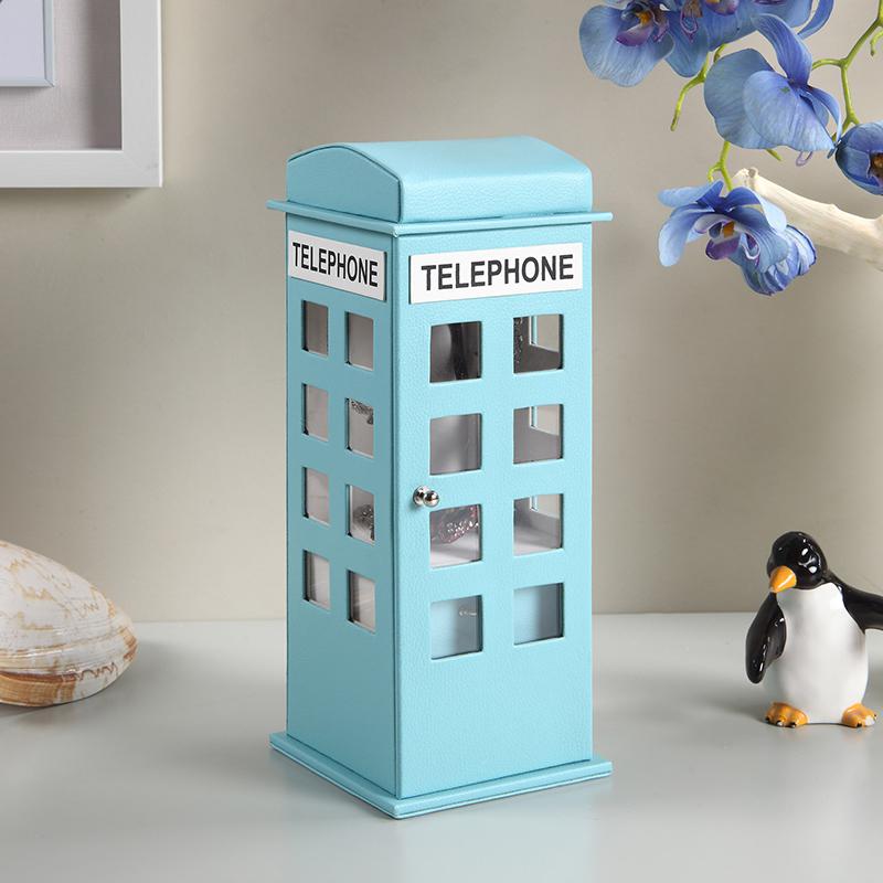 11.5" In British Pastel Blue Telephone Booth Leather Jewelry Box. Picture 3