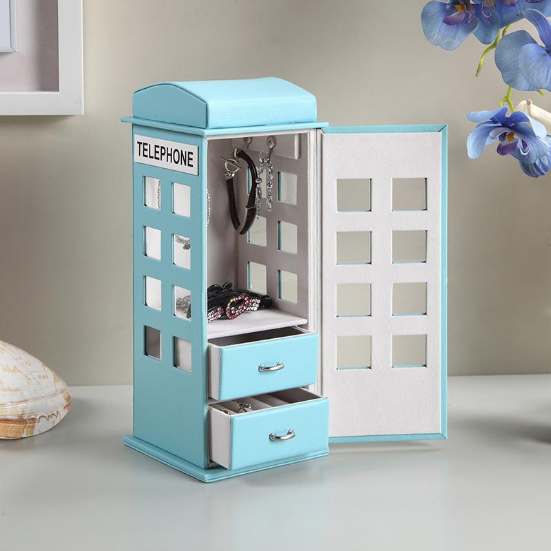 11.5" In British Pastel Blue Telephone Booth Leather Jewelry Box. Picture 4
