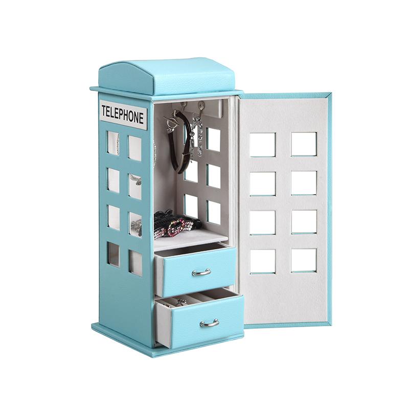 11.5" In British Pastel Blue Telephone Booth Leather Jewelry Box. Picture 2