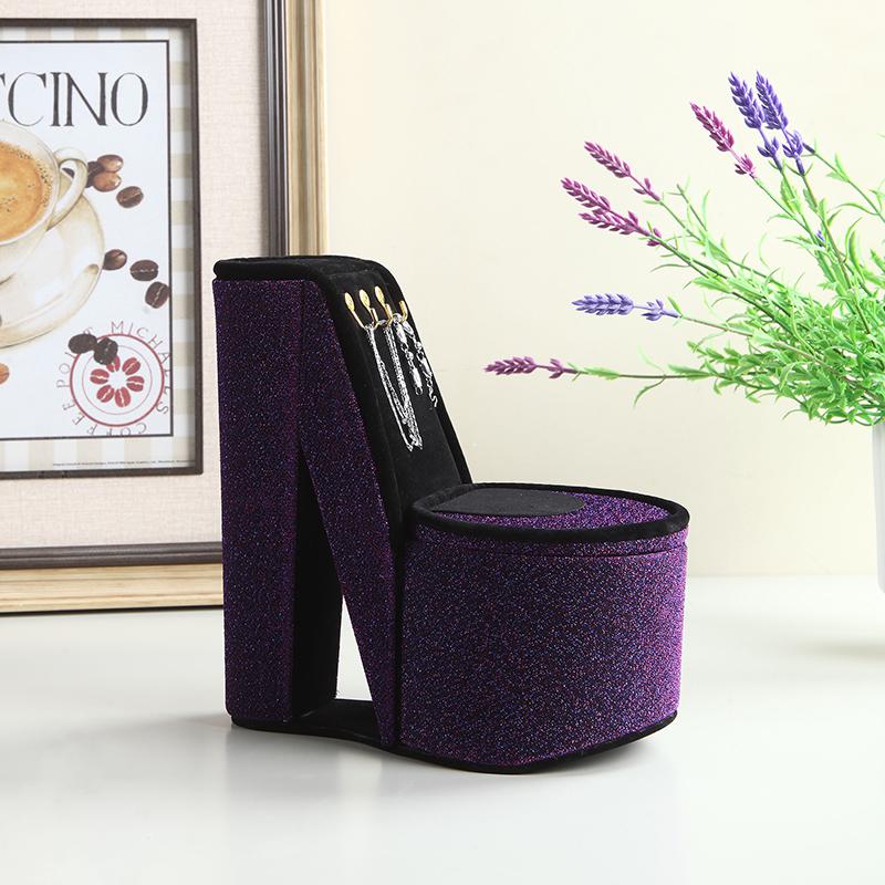 9" In Purple Iridescent Velvet High Heel Shoe Display W/ Hooks Jewelry Box. Picture 3