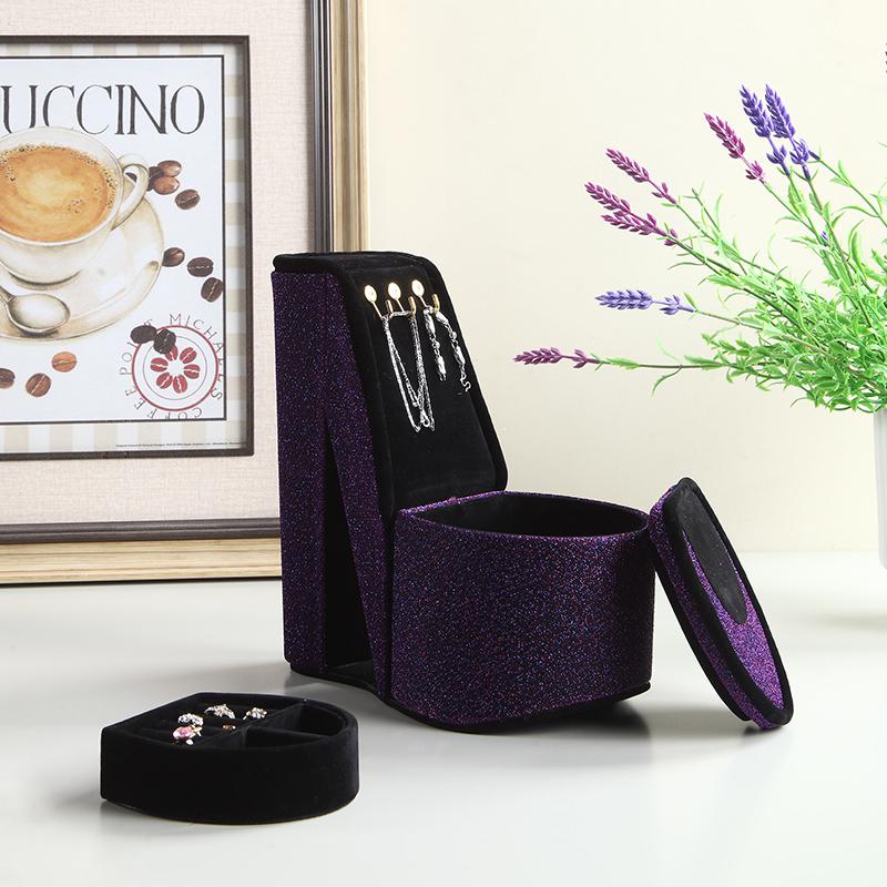 9" In Purple Iridescent Velvet High Heel Shoe Display W/ Hooks Jewelry Box. Picture 4