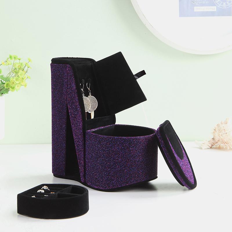 9" In Purple Iridescent Velvet High Heel Shoe Hidden Jewelry Box. Picture 4