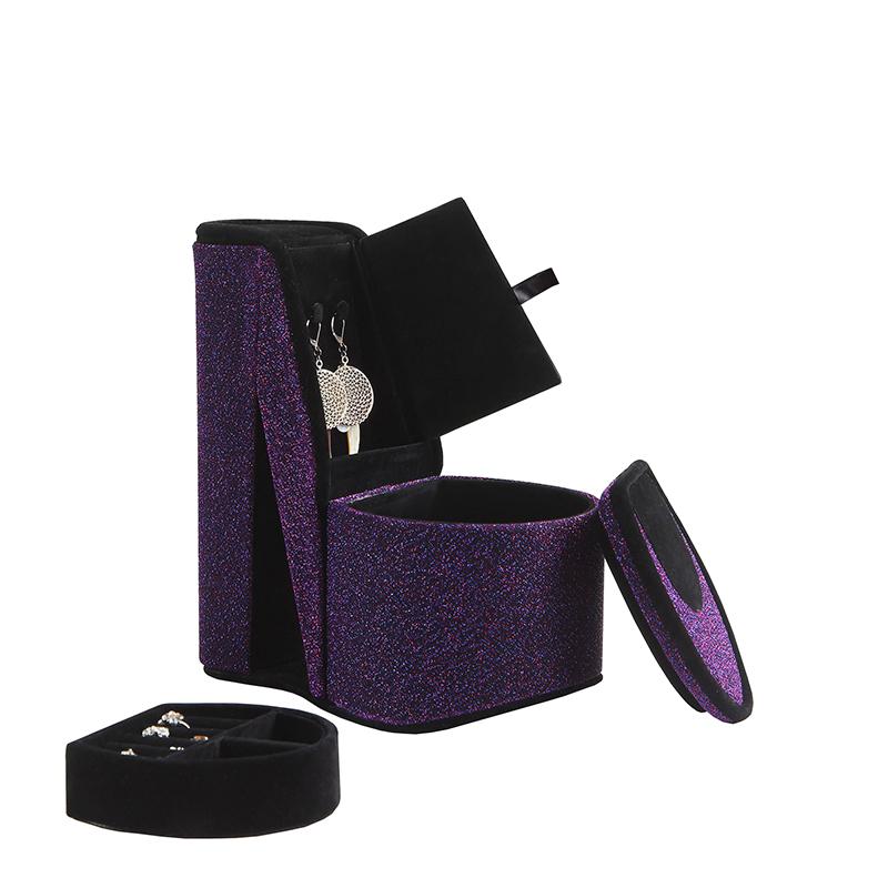 9" In Purple Iridescent Velvet High Heel Shoe Hidden Jewelry Box. Picture 2