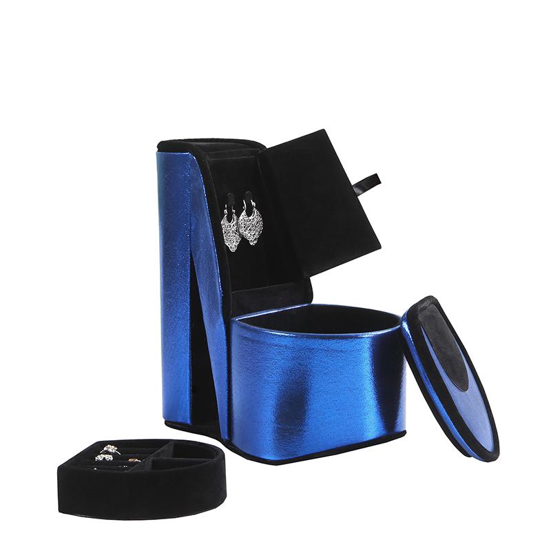 9" In Blue Iridescent Velvet High Heel Shoe Hidden Jewelry Box. Picture 2